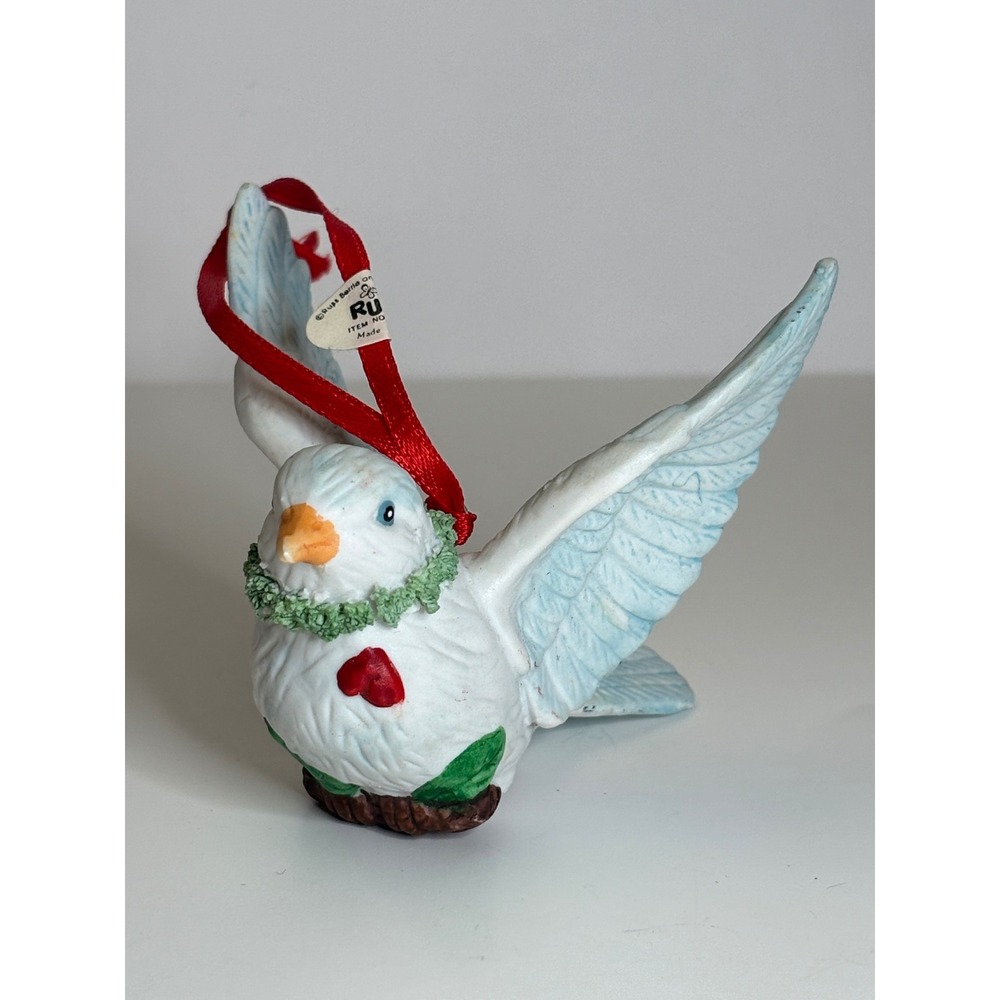 1980s Porcelain Woodland Winter Dove Christmas Ornament Russ Berrie Heart Wreath